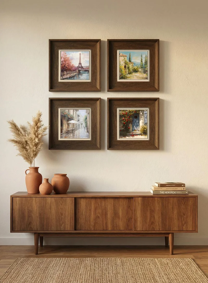 لوحة مجموعة من ٤ لوحات كانفاس على إطار خشبي مع إطار خارجي كلاسيكي بني بتصميم أجواء أوروبية هادئة